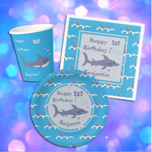 Cartoon Swimming Shark Blue Birthday Paper cup