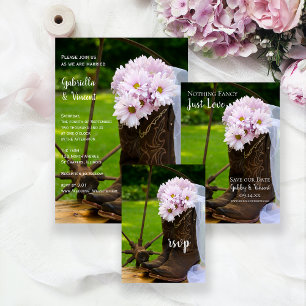 Rustic Pink Daisies Cowboy Boots Wedding RSVP Card