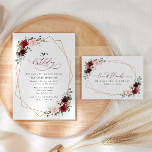 Burgundy Red Flowers, Pink Flowers, Birthday Invitation