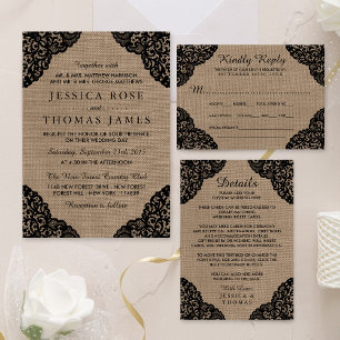The Black Lace On Rustic Burlap Wedding Collection Invitation