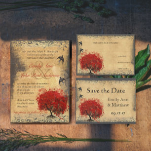All In One Elegant Red & Pink Heart Leaf Wedding  Tri-Fold Invitation