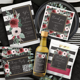 Elegant Floral Black and White Stripe Magenta Gold Save The Date