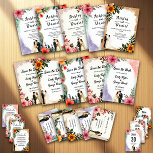 Watercolor Pink Flowers Couple Boho Summer Wedding Invitation
