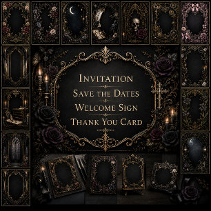 Gothic Black Rose Skull Heart Wedding  Invitation
