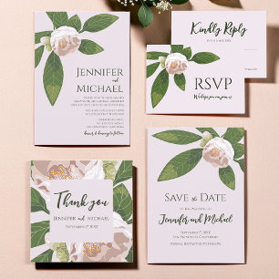 Camellia and Greenery Simple Elegant Save the Date Invitation