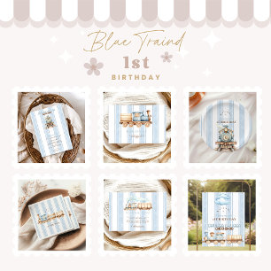 Vintage Blue Train 1st Birthday  Invitation