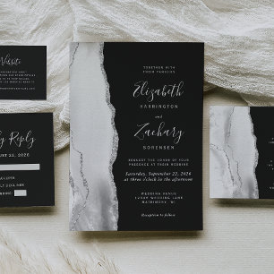 Modern Grey White Silver Agate Slate Wedding RSVP Card