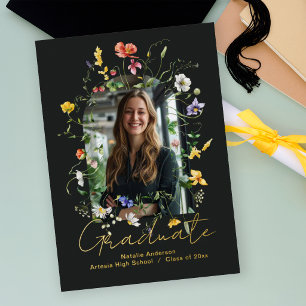 Modern Wildflowers Black Arch Photo Graduate Party Paper Plate