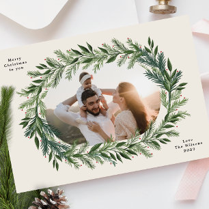 christmas pine frame wreath elegant two tone photo holiday card