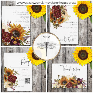 Rustic Summer Sunflowers & Burgundy Floral Save The Date