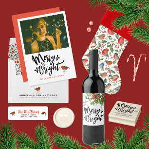 Cute Merry Christmas Red Mistletoe Watercolor Wine Label