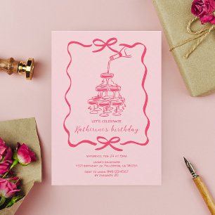 Hand Drawn Pink Champagne Tower Birthday Party Invitation