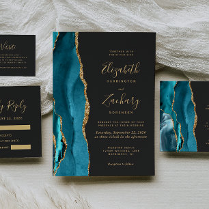 Budget Teal Gold Agate Dark Wedding QR Code Enclosure Card