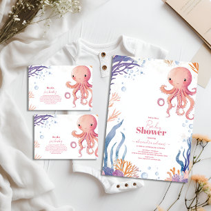 Octopus Cute Pink Watercolor Girl   Baby Shower Invitation