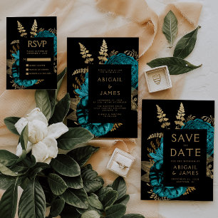 Moody Dark Floral Turquoise Gold Wedding RSVP Enclosure Card