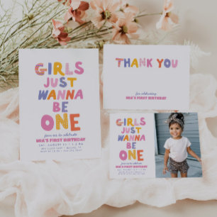 Retro Girls Just Wanna Be One Preppy 1st Birthday Invitation