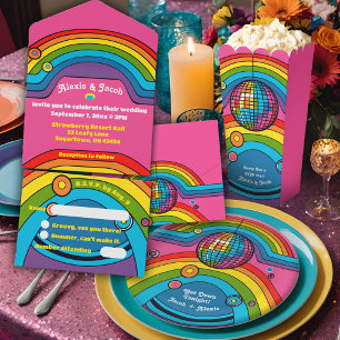 Groovy Rainbow Retro 70's Wedding Colourful Funky All In One Invitation