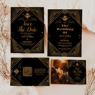 Black Gold Elegant Geometric Art Deco Wedding  Invitation