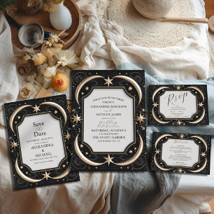 Celestial Midnight Black Stars Moon Wedding Invitation