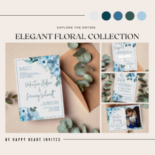 Elegant Floral Dusty Blue Teal Watercolor Save The Date