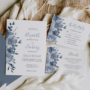 Watercolor Floral Dusty Blue Wedding RSVP Card
