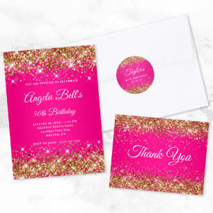 Gold Glitter and Hot Pink 50th Birthday Square Paper Coaster