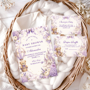 Timeless Purple Teddy Bear Baby Shower Invitation