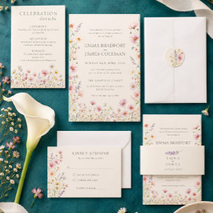 Bohemian Whimsical  Wildflowers Formal Wedding Invitation