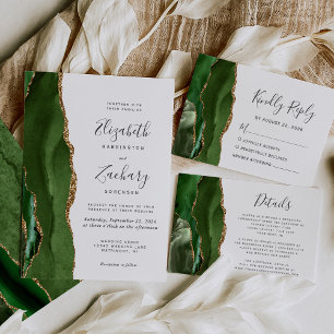 Modern Hunter Green Gold Agate Wedding RSVP Card