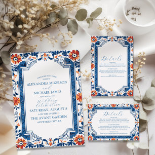 Blue Mediterranean Italian Tile & Lemon Wedding Invitation