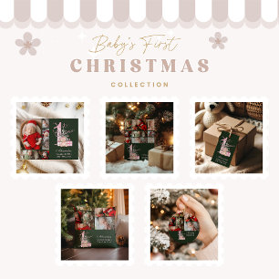 Photo  Pink Green Baby First Christmas Holiday Card