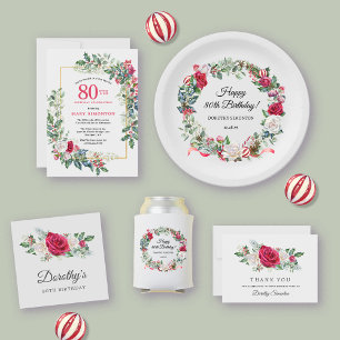 Red Rose and Holly 80th Birthday Elegant Paper Plate