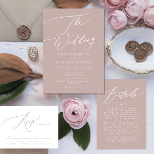 Modern Pink Taupe & White Simple Monogram Wedding RSVP Card