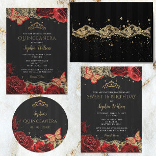 Vintage Red  Roses Black Gold Lace Quinceañera Favour Box