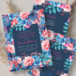 Chic Watercolor Floral 40th Happy Birthday Navy Wine Label