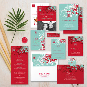 Red & Turquoise Bamboo Leaves Chinese Tea Ceremony Enclosure Card