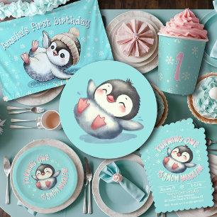 Baby First Birthday Cute Winter Penguin Aqua Blue Invitation