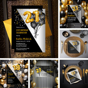 Balloons Elegant Black   Gold 21st Birthday Party  Banner