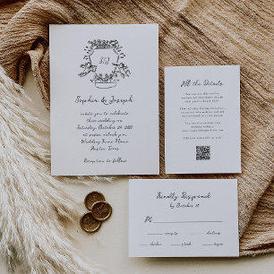 Whimsical Hand Drawn Crest with Monogram   Wedding Invitation