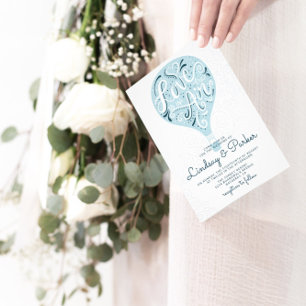 Hand Lettered Love Navy Hot Air Balloon Wedding Invitation