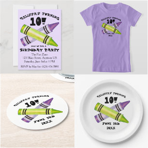 Green Purple Artist Crayons Child Birthday Party Invitation