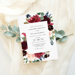 Watercolor Burgundy and Blue Flowers Wedding Invitation