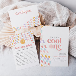 Cool One Girl's First Birthday Chequered Retro Invitation