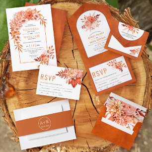 Arch with orange flowers and leaves fall wedding all in one invitation
