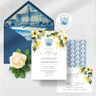 Monogram Watercolor Blue and Yellow Wedding Invitation