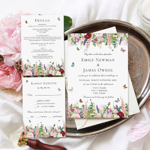 Pink Purple WildFlowers & Butterflies Wedding Invitation