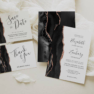 Modern Black Rose Gold Agate Save the Date Card
