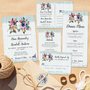 Rustic Floral Cow Skull Boho Wedding Invitation