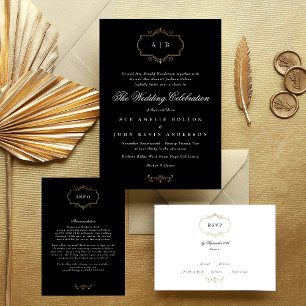 antique classic gold black white monogram wedding RSVP card