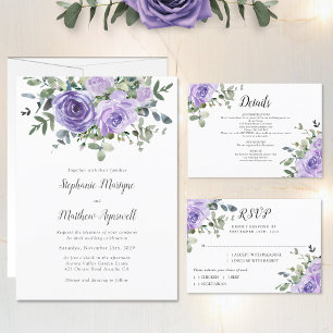 Dusty Purple Roses Eucalyptus Botanical Wedding Invitation
